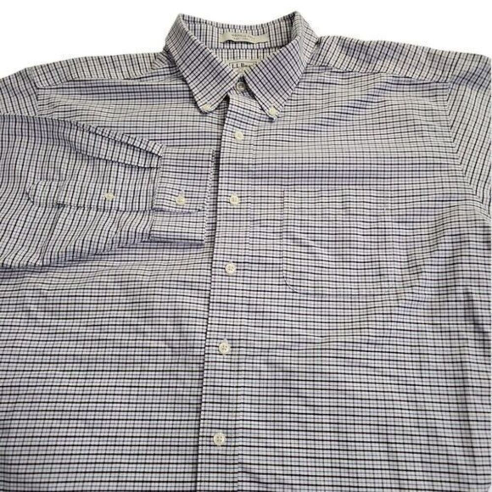 LL Bean Wrinkle Free Traditional Fit 17.5 - 34 Blue, White Plaid Long Sleeve